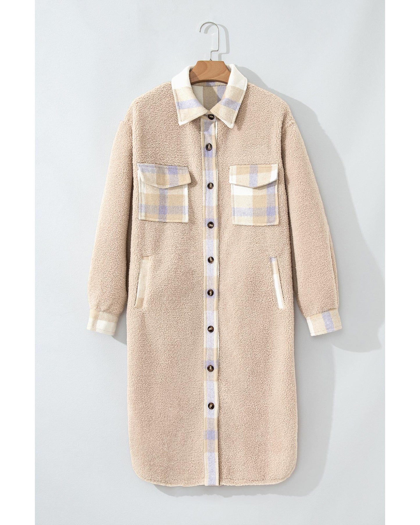 Plaid Patchwork Collared Button-up Sherpa Long Coat