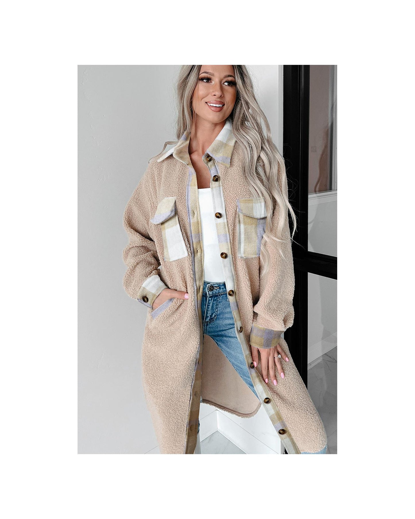 Plaid Patchwork Collared Button-up Sherpa Long Coat