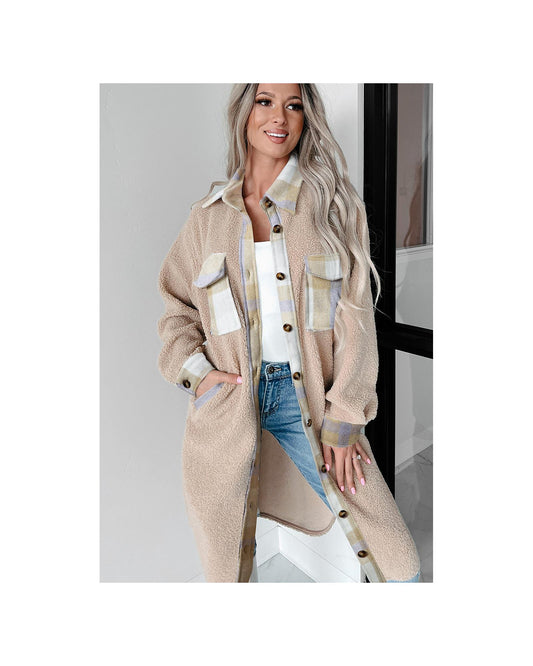 Plaid Patchwork Collared Button-up Sherpa Long Coat