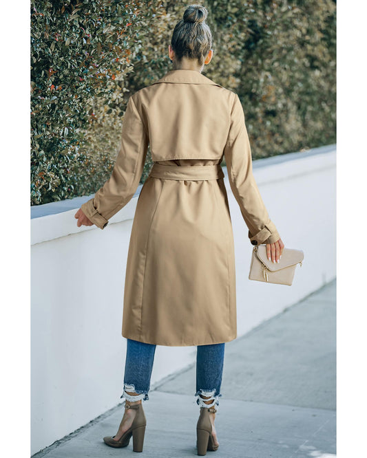 Pale Khaki Solid Color Lapel Collar Waist Tie Wind Coat - 2XL