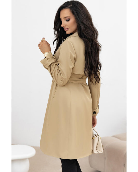 Pale Khaki Solid Color Lapel Collar Waist Tie Wind Coat - 2XL
