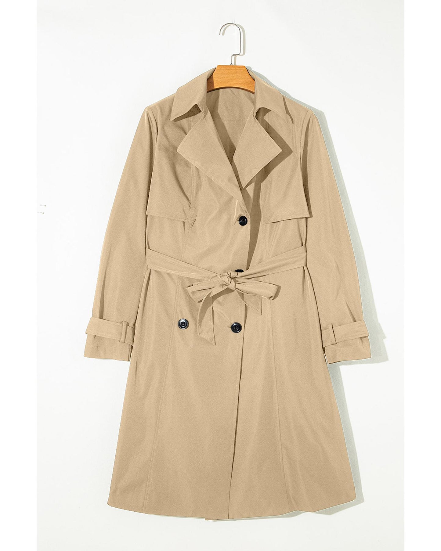 Pale Khaki Solid Color Lapel Collar Waist Tie Wind Coat - 2XL