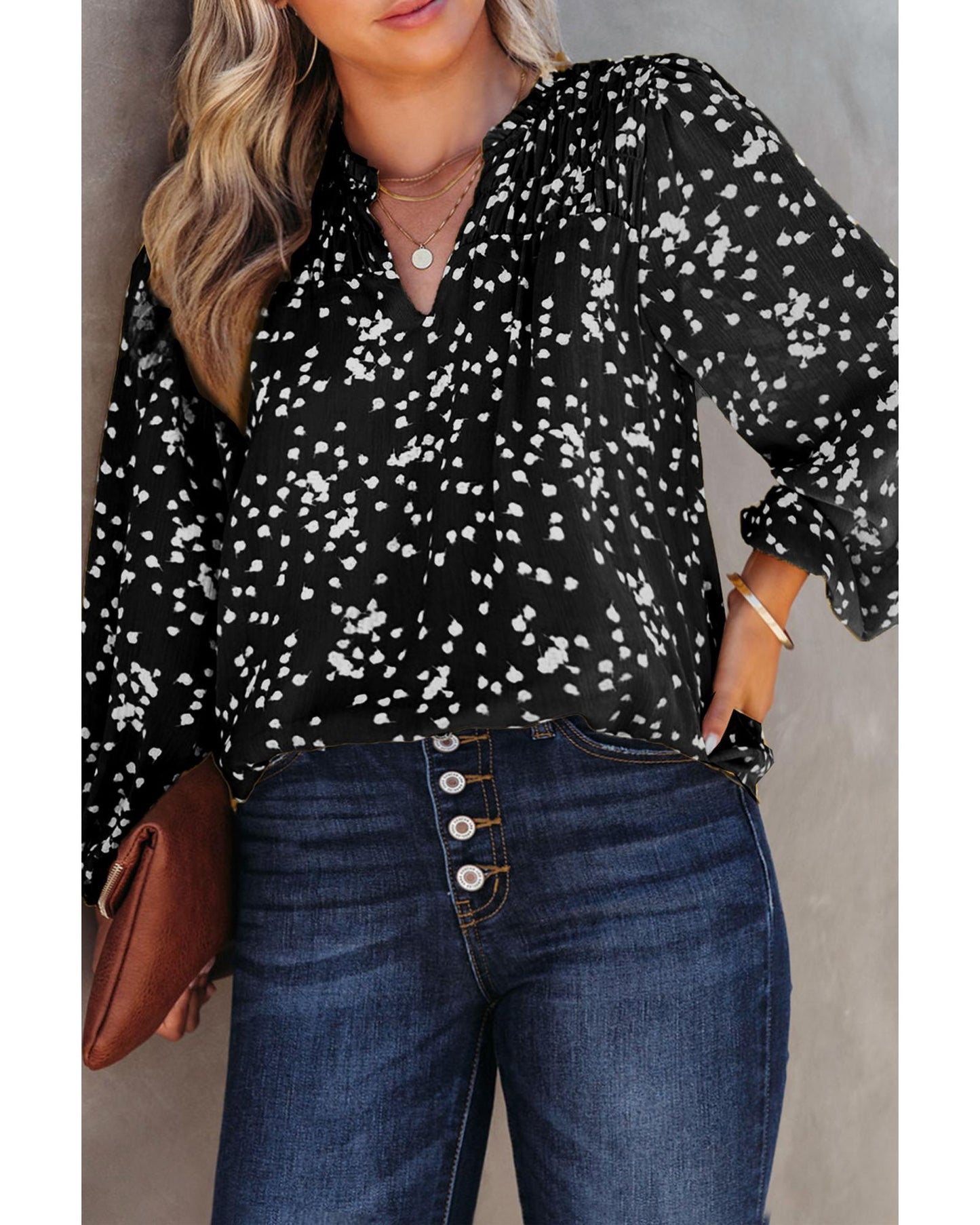 Plus Size Floral Ruched Split Neck Blouse