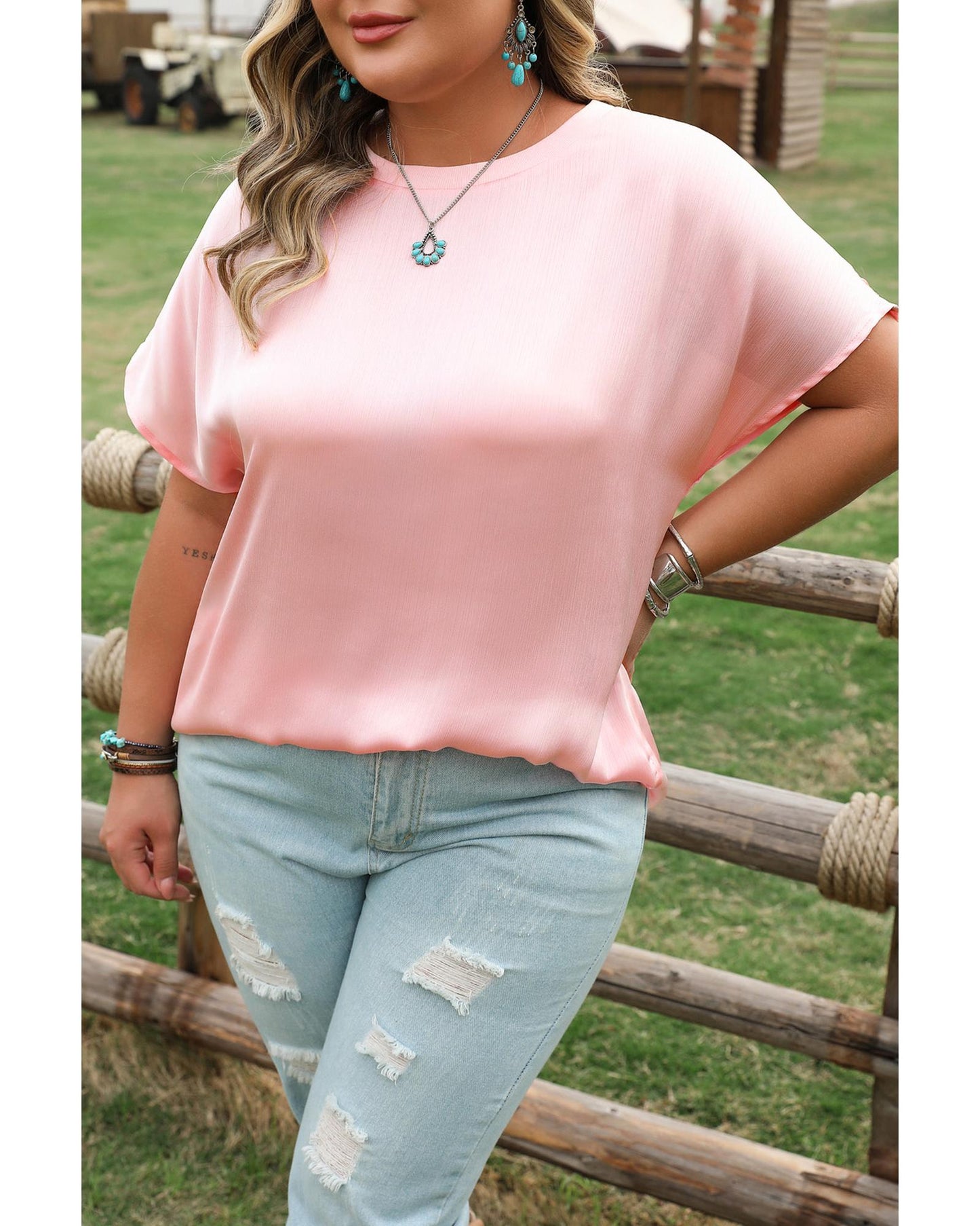 Plus size Metallic Gloss Batwing Sleeve Top
