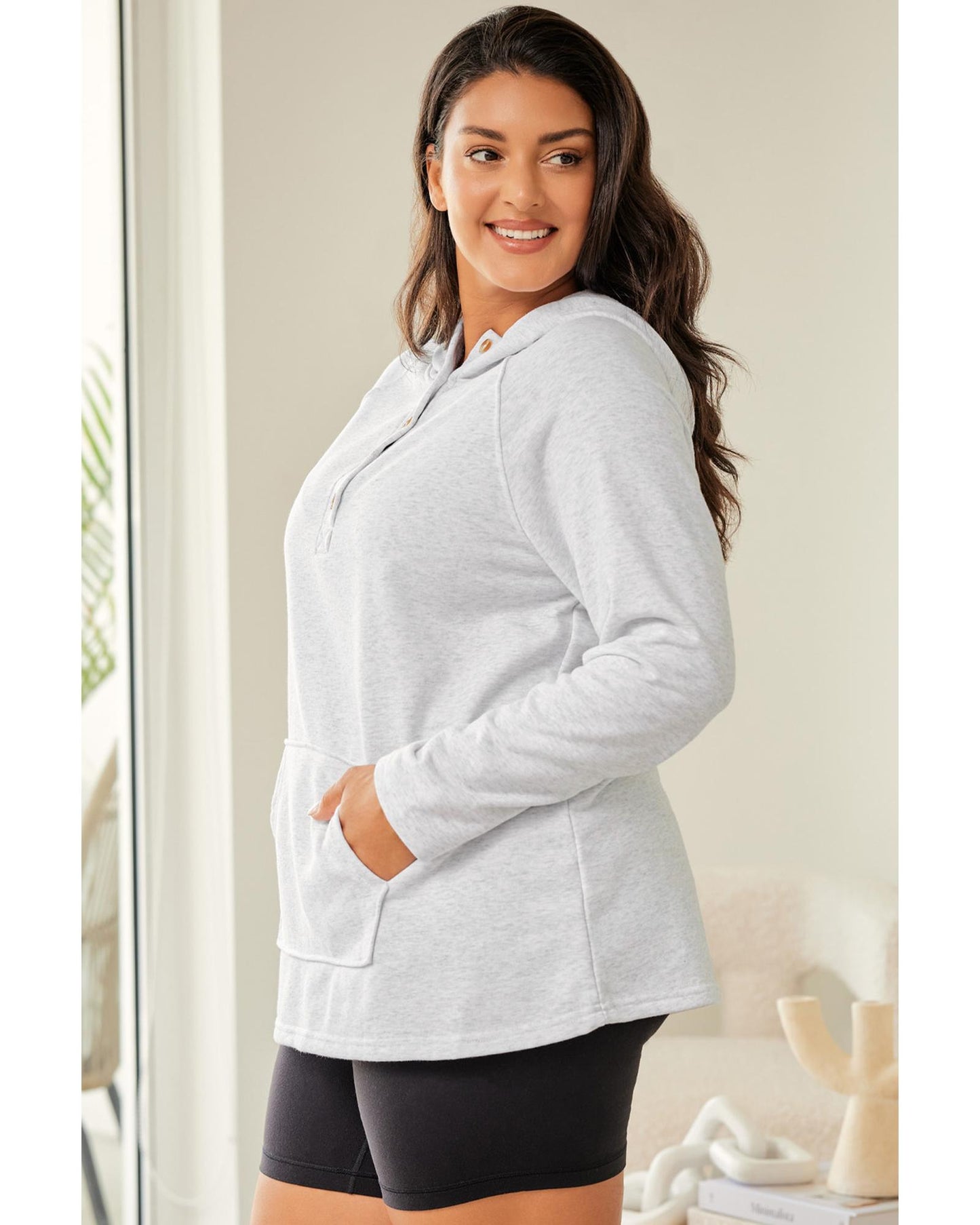 PLUS SIZE Kangaroo Pocket Henley Button Hoodie