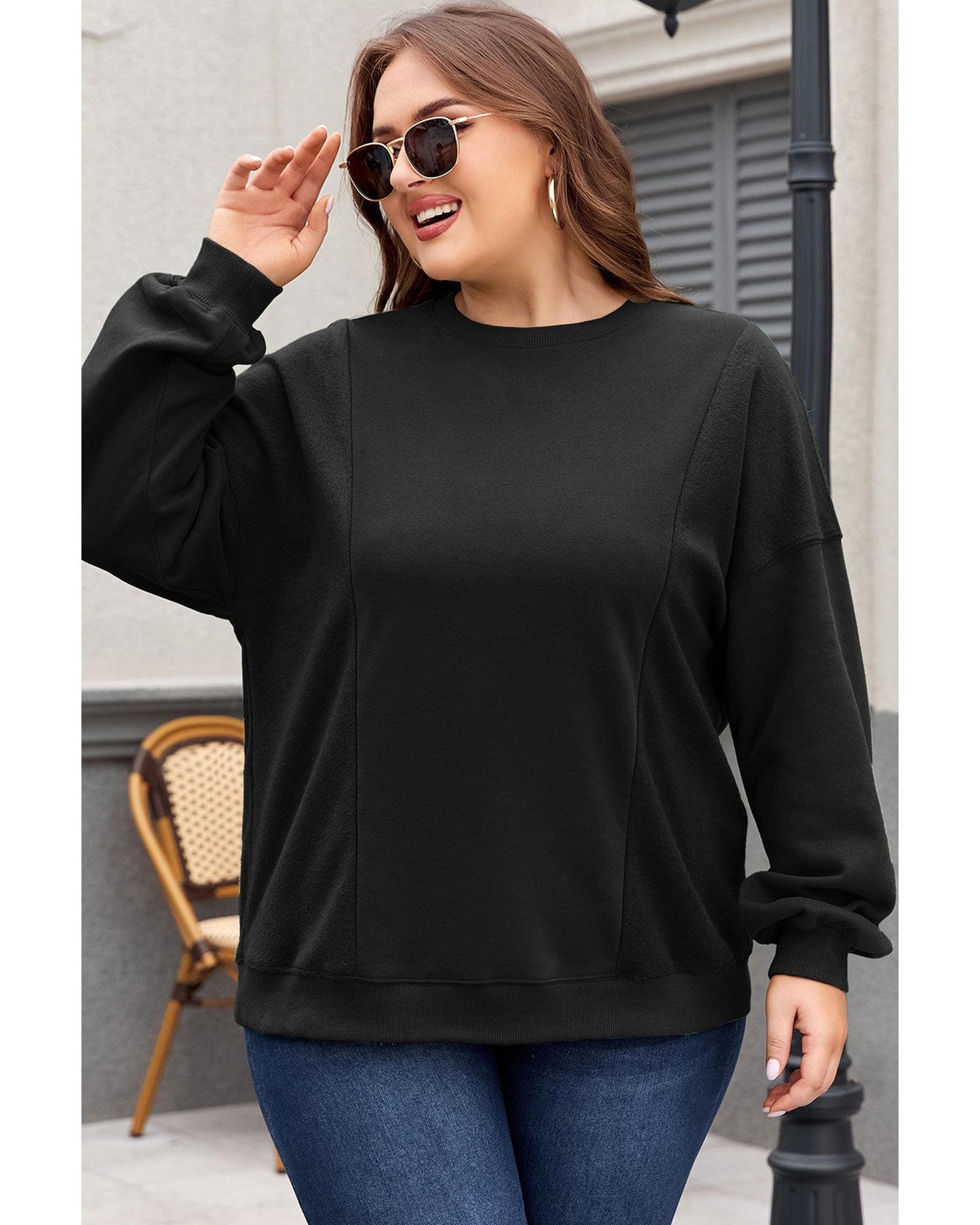 Plus Size Loose Patchwork Crewneck Sweatshirt
