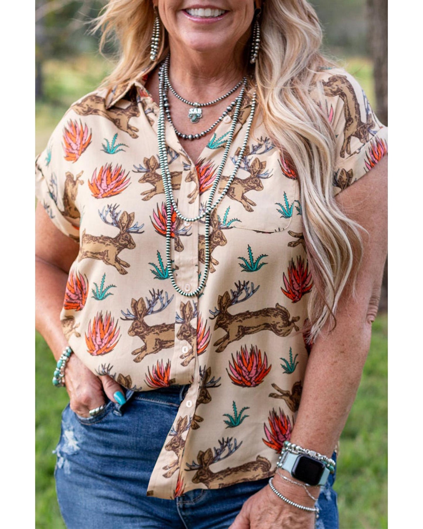 Plus size Printed Buttoned Short Sleeve Blouse