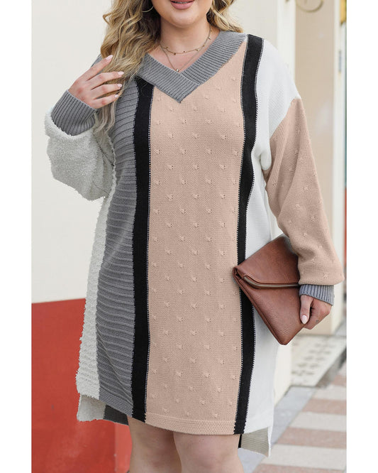 Apricot Mixed Boucl Color Block Plus Size Sweater Dress - 1X