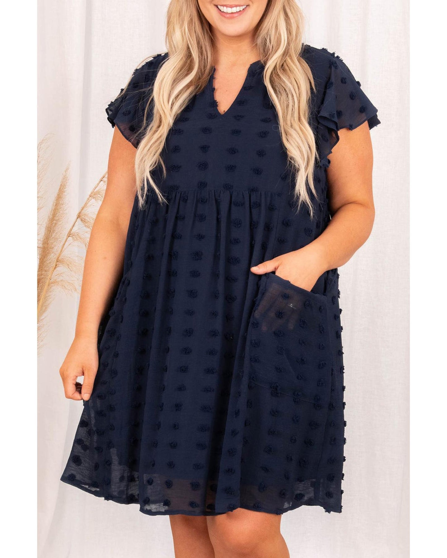 Dotty Textured Notched Neck Plus Ruffled Dress