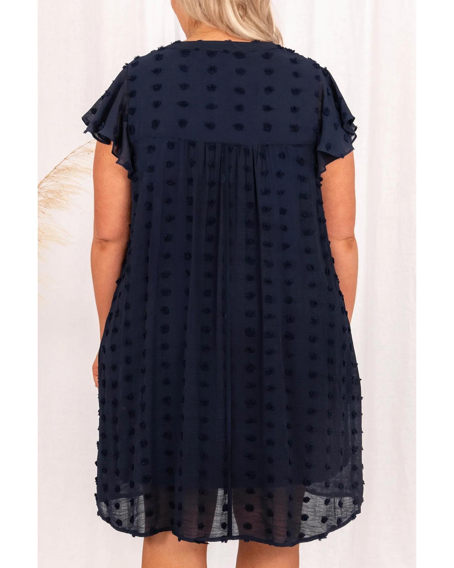 Dotty Textured Notched Neck Plus Ruffled Dress
