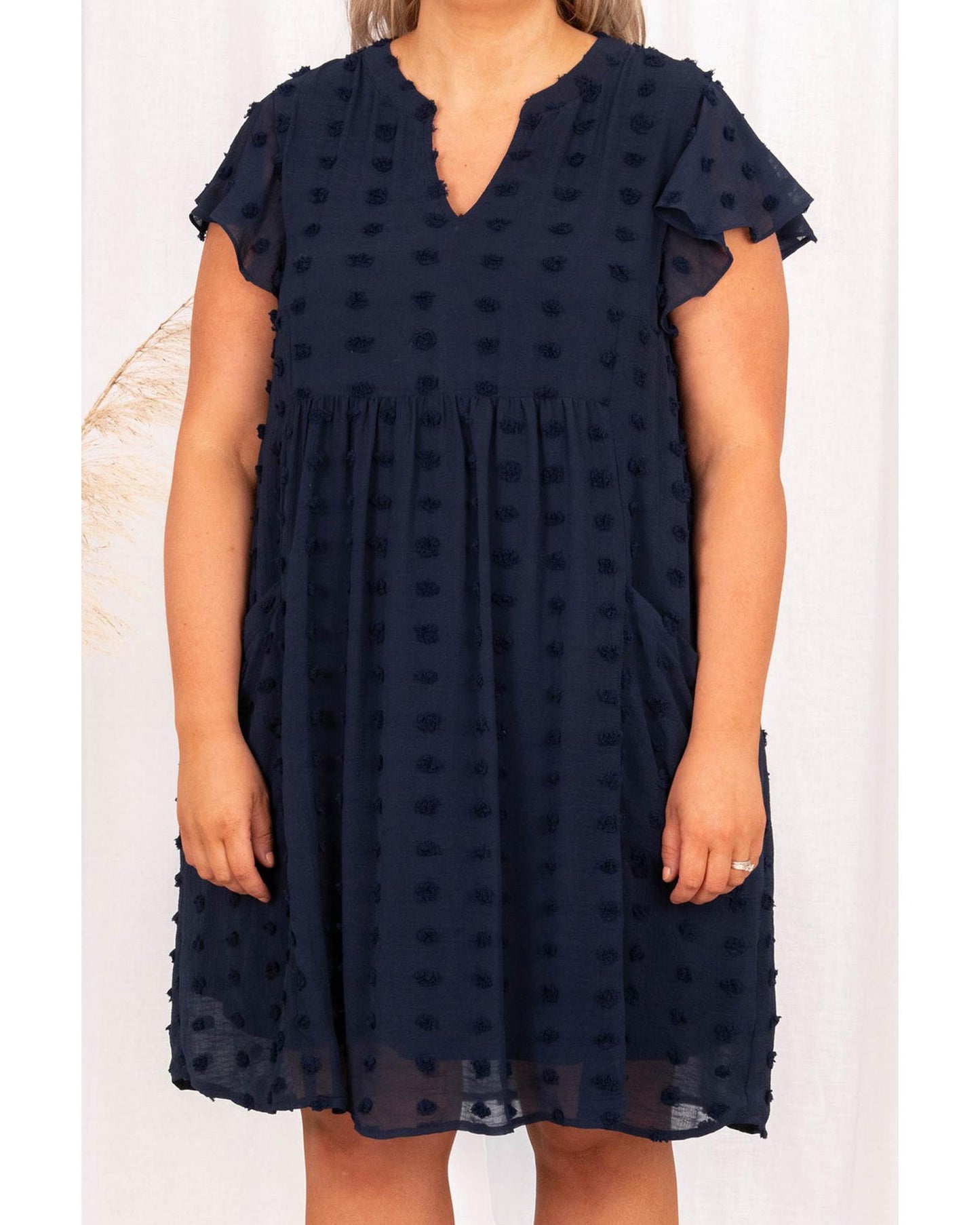 Dotty Textured Notched Neck Plus Ruffled Dress