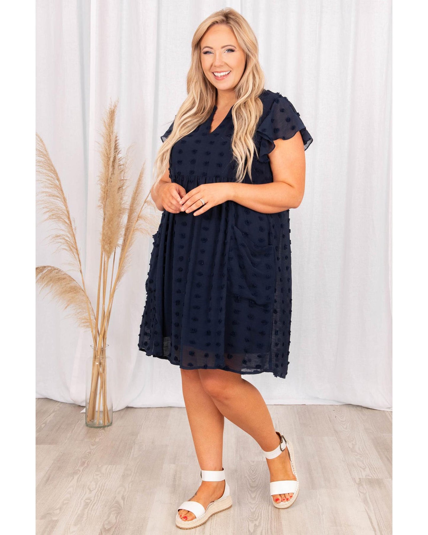 Dotty Textured Notched Neck Plus Ruffled Dress