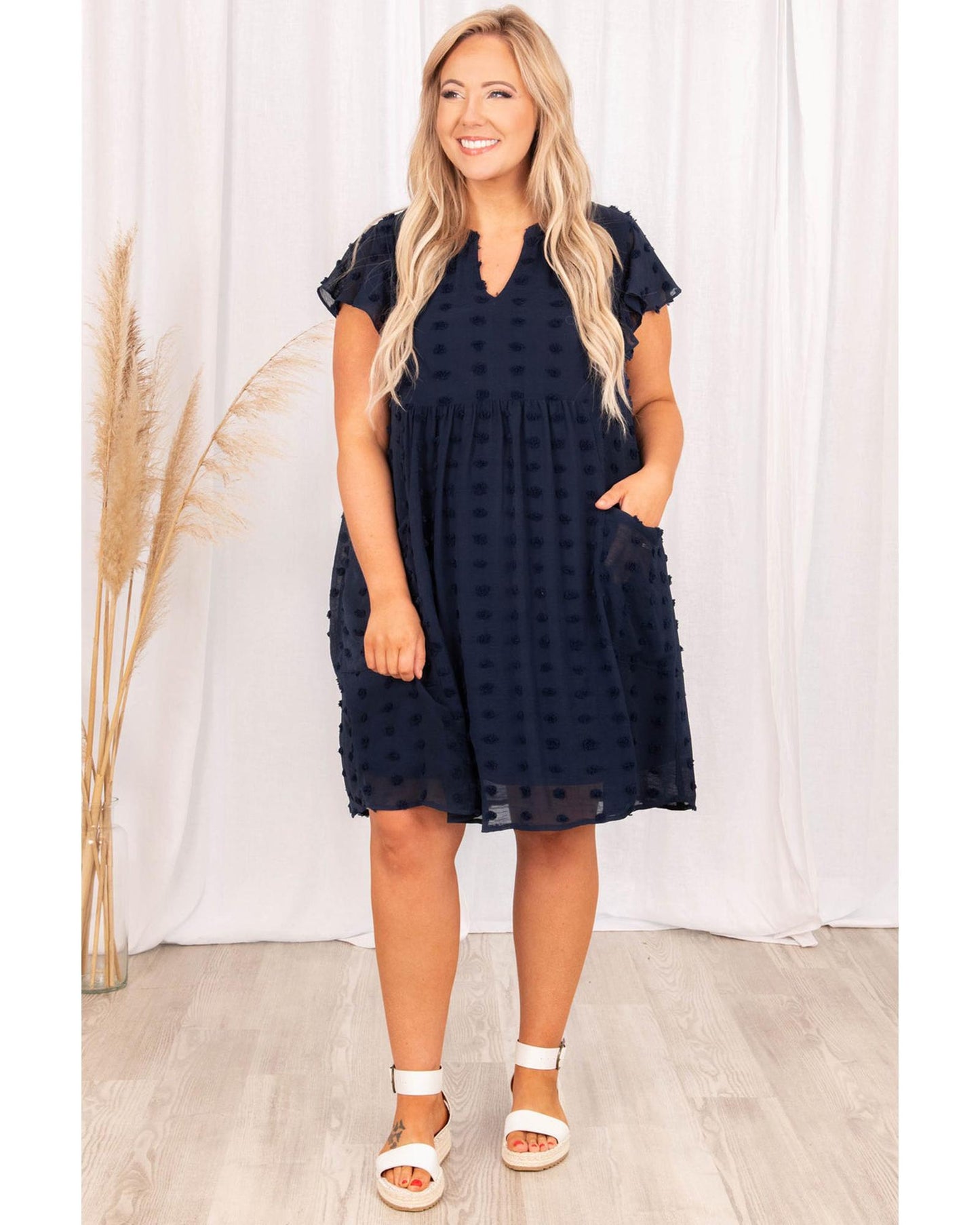 Dotty Textured Notched Neck Plus Ruffled Dress