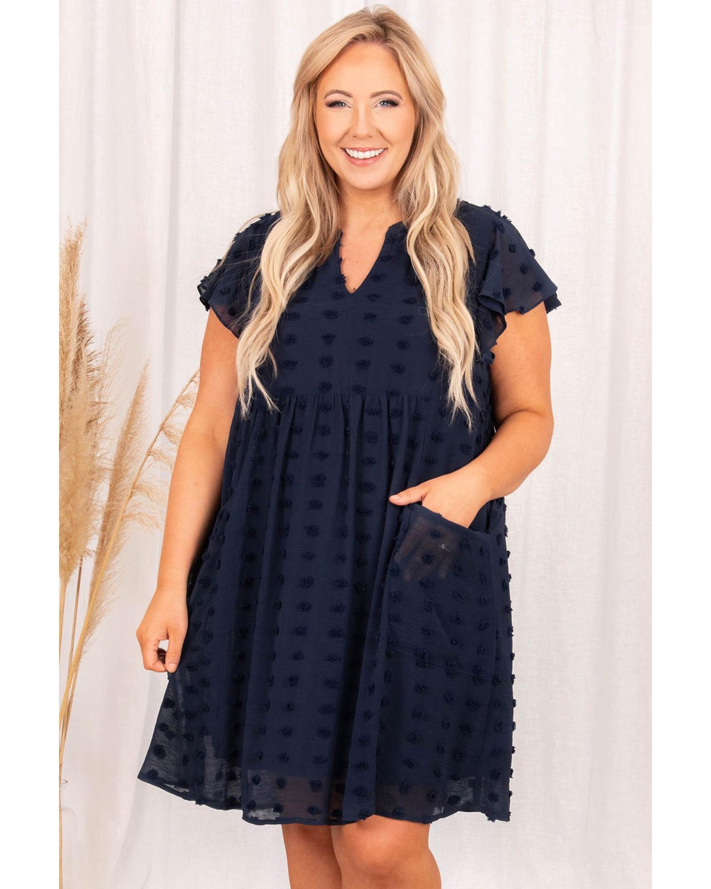 Dotty Textured Notched Neck Plus Ruffled Dress