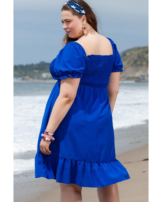 PLUS SIZE Shirred Ruffled Square Neck Mini Dress