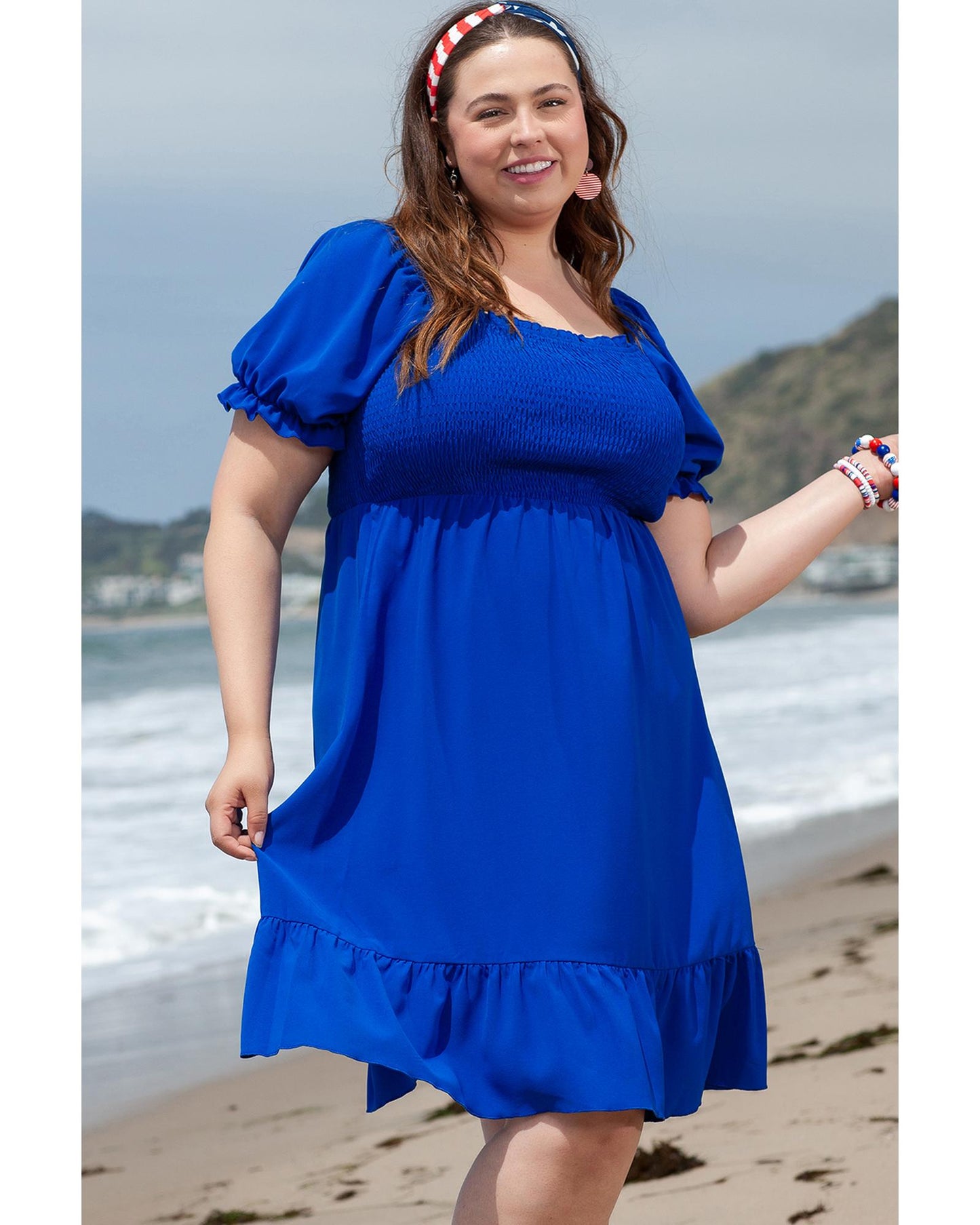 PLUS SIZE Shirred Ruffled Square Neck Mini Dress