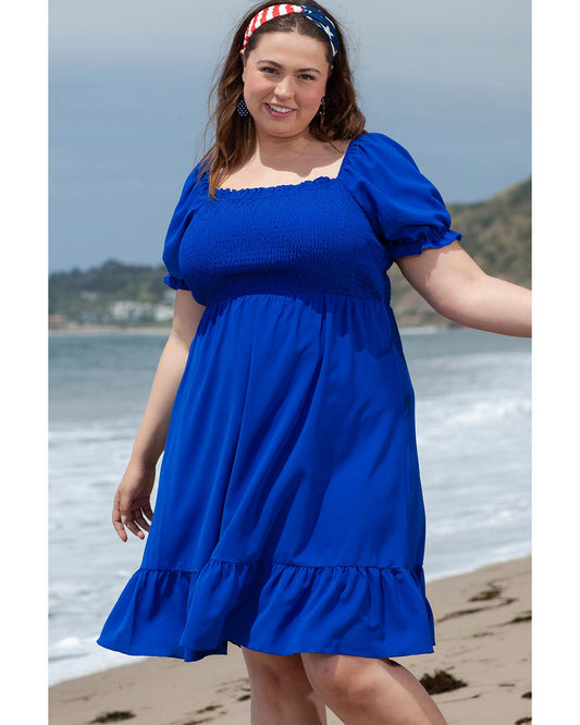 PLUS SIZE Shirred Ruffled Square Neck Mini Dress