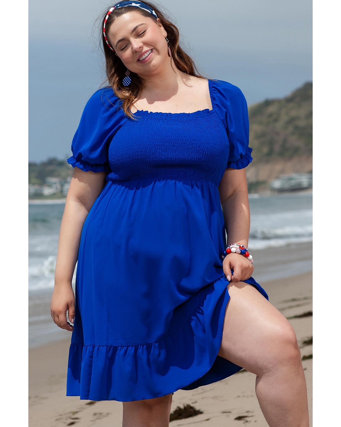 PLUS SIZE Shirred Ruffled Square Neck Mini Dress
