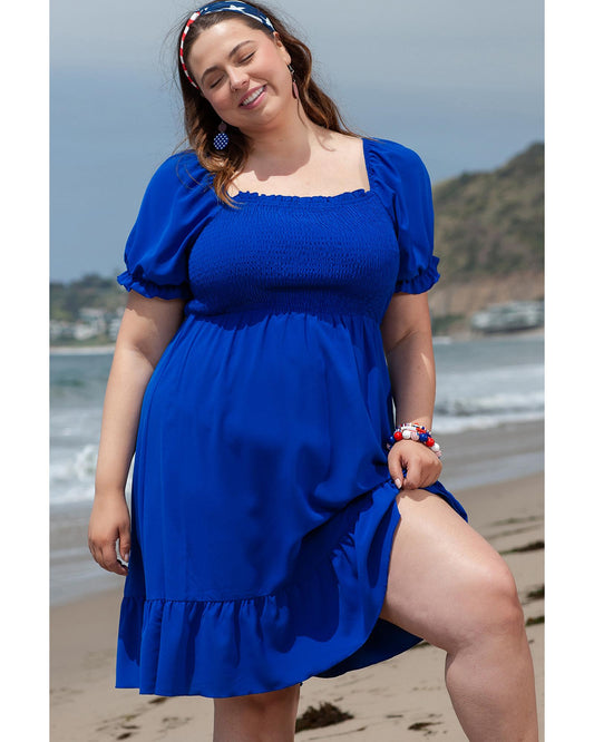 PLUS SIZE Shirred Ruffled Square Neck Mini Dress