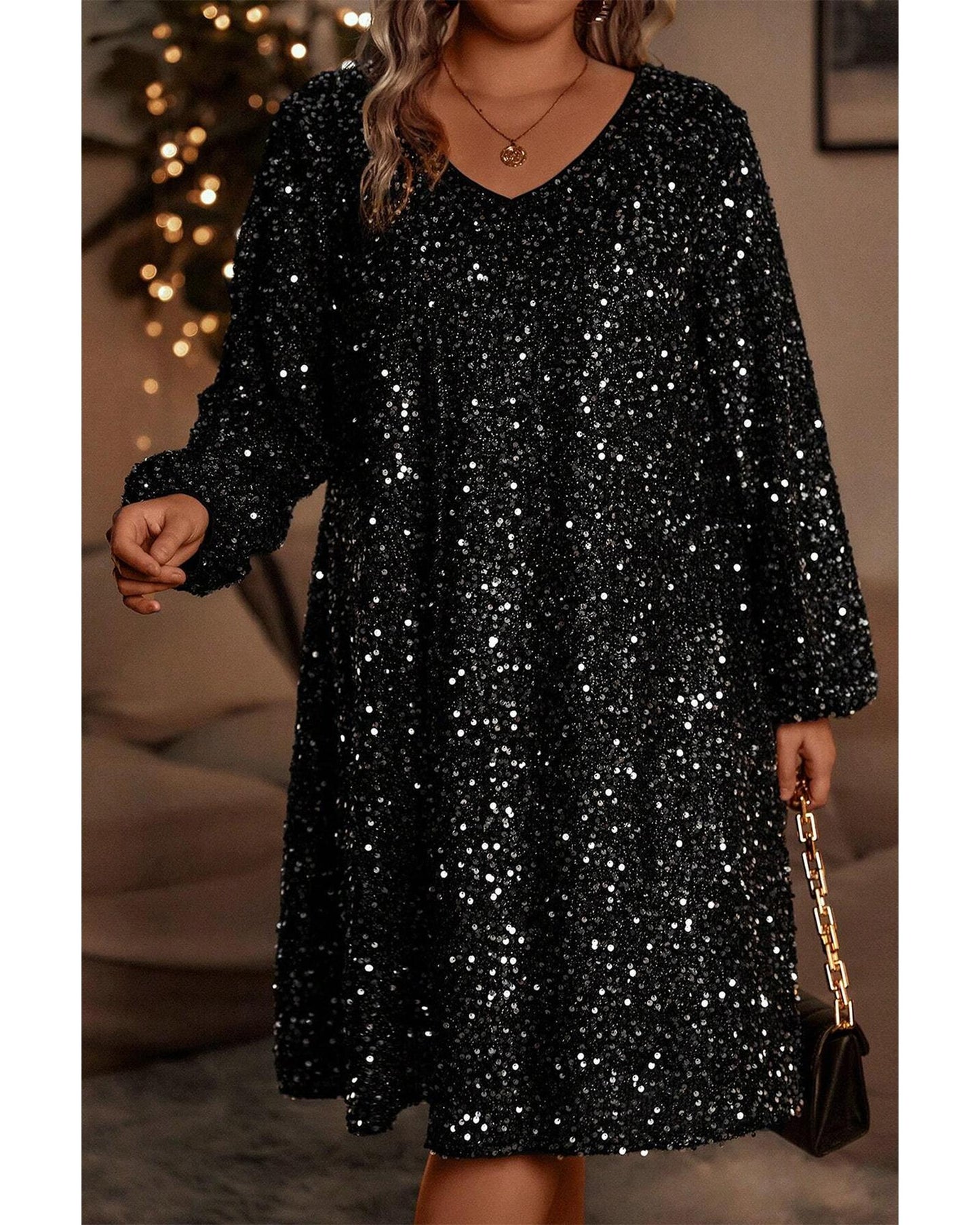 PLUS SIZE Bubble Sleeve Sequin Party Dress