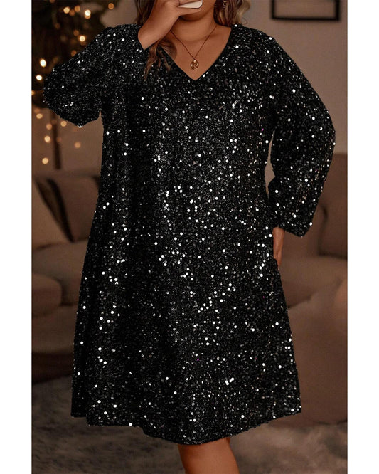 PLUS SIZE Bubble Sleeve Sequin Party Dress