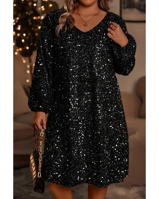 PLUS SIZE Bubble Sleeve Sequin Party Dress