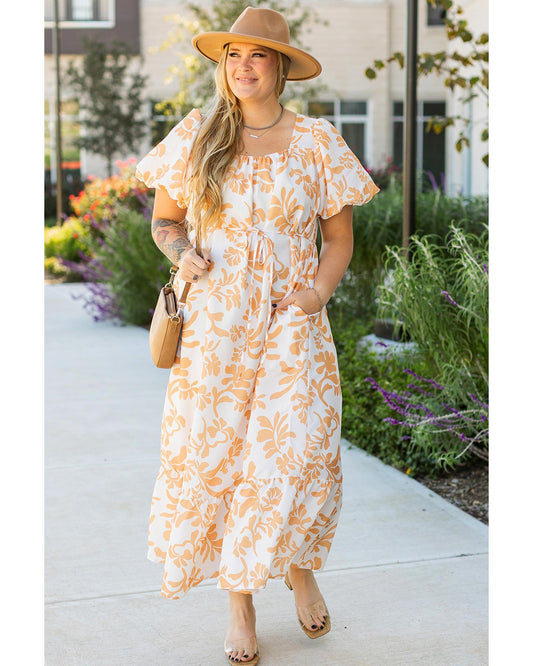 PLUS SIZE Apricot Floral Print Puff Flowy Maxi Dress