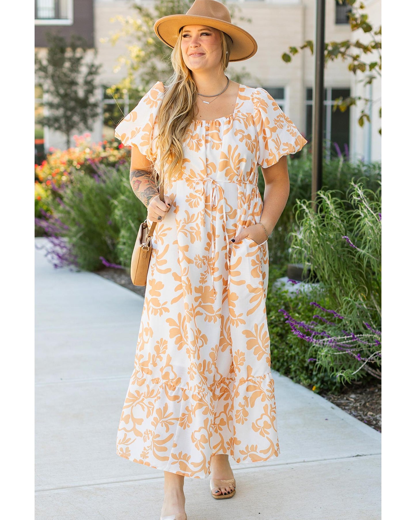 PLUS SIZE Apricot Floral Print Puff Flowy Maxi Dress