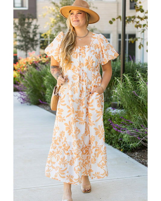 PLUS SIZE Apricot Floral Print Puff Flowy Maxi Dress