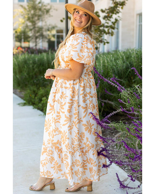 PLUS SIZE Apricot Floral Print Puff Flowy Maxi Dress