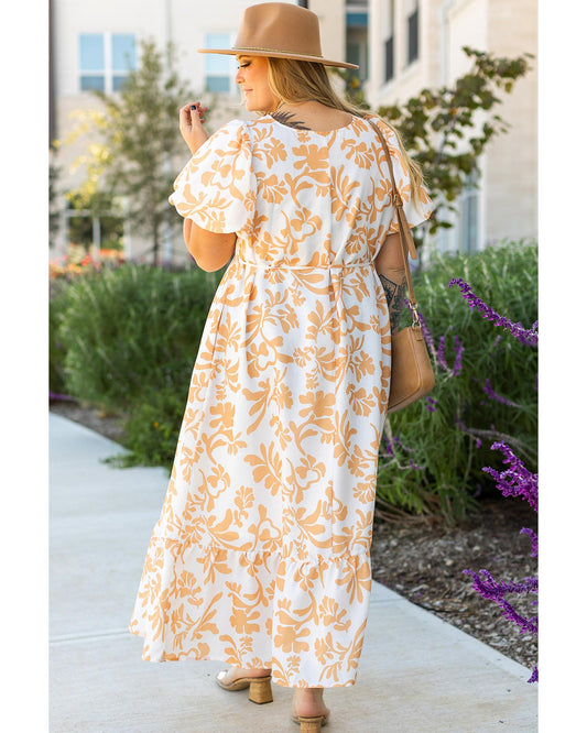 PLUS SIZE Apricot Floral Print Puff Flowy Maxi Dress