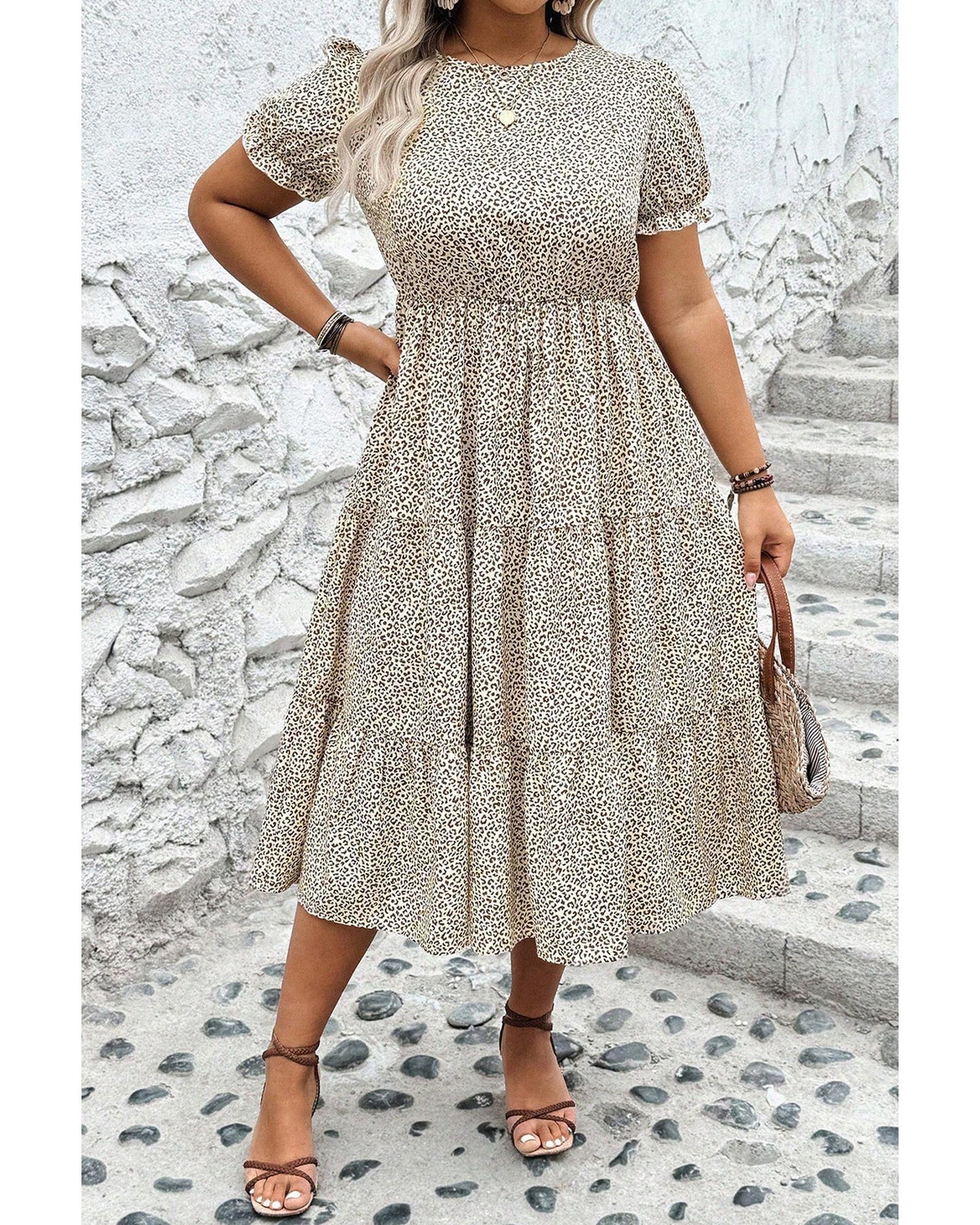 Beige Plus Size Leopard Print Frill Trim Short Sleeve Flared Dress - 4X