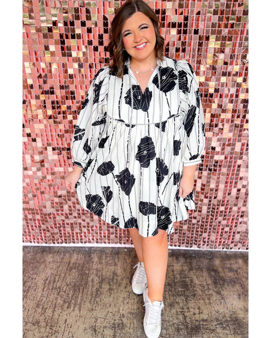 Black Plus Size Floral 3/4 Puff Sleeve Lace-up Neck Mini Dress - 1X
