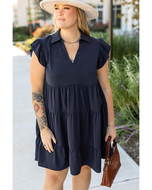 PLUS SIZE Collared V-Neck Flutter Sleeve Tiered Dress