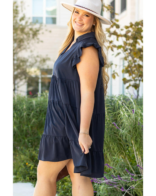 PLUS SIZE Collared V-Neck Flutter Sleeve Tiered Dress
