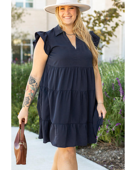 PLUS SIZE Collared V-Neck Flutter Sleeve Tiered Dress