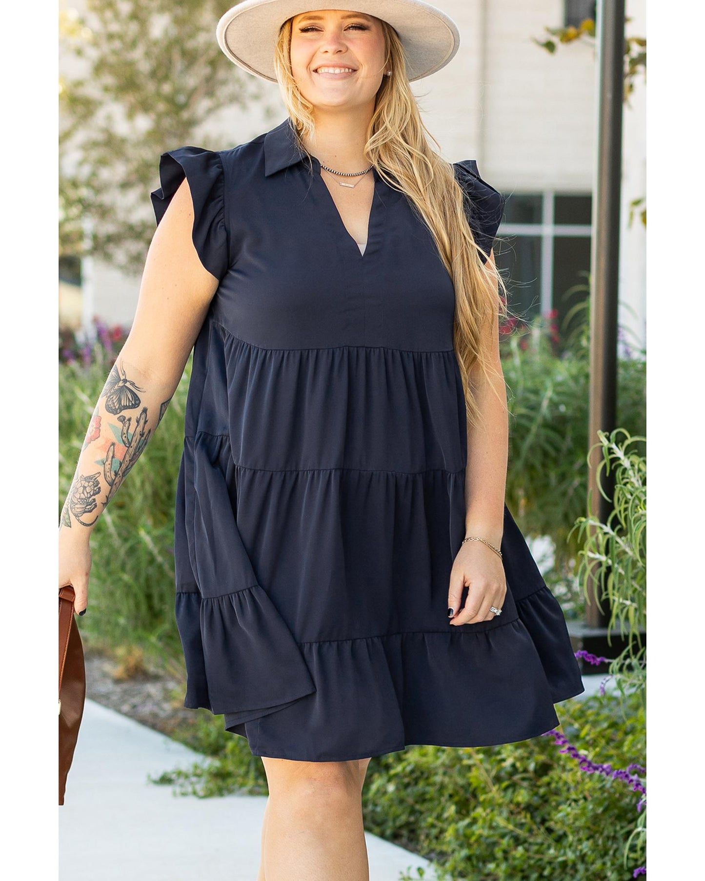 PLUS SIZE Collared V-Neck Flutter Sleeve Tiered Dress
