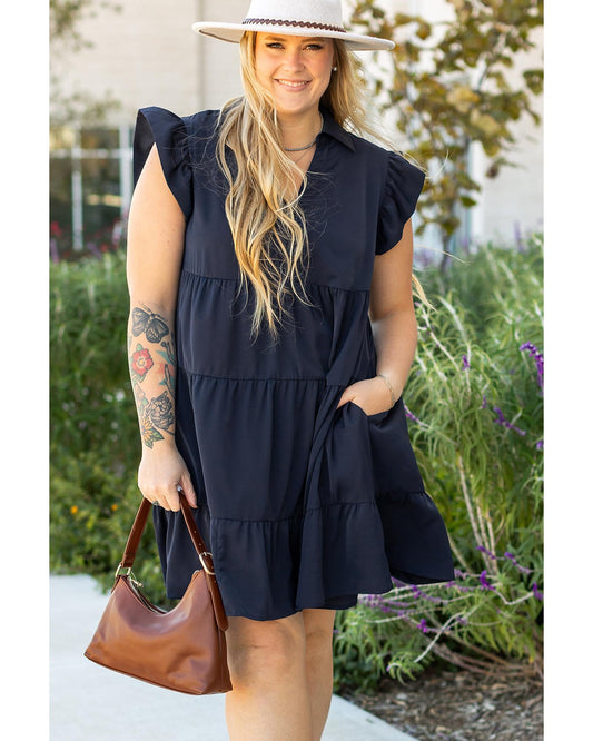 PLUS SIZE Collared V-Neck Flutter Sleeve Tiered Dress