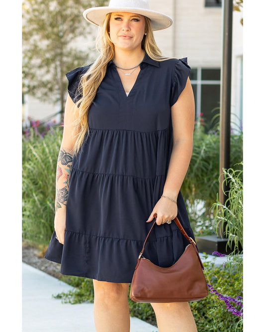 PLUS SIZE Collared V-Neck Flutter Sleeve Tiered Dress