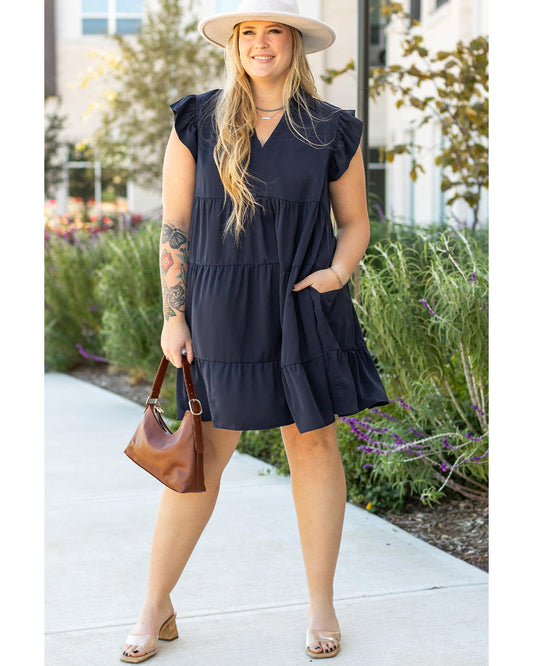 PLUS SIZE Collared V-Neck Flutter Sleeve Tiered Dress