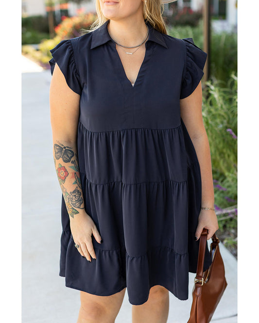 PLUS SIZE Collared V-Neck Flutter Sleeve Tiered Dress