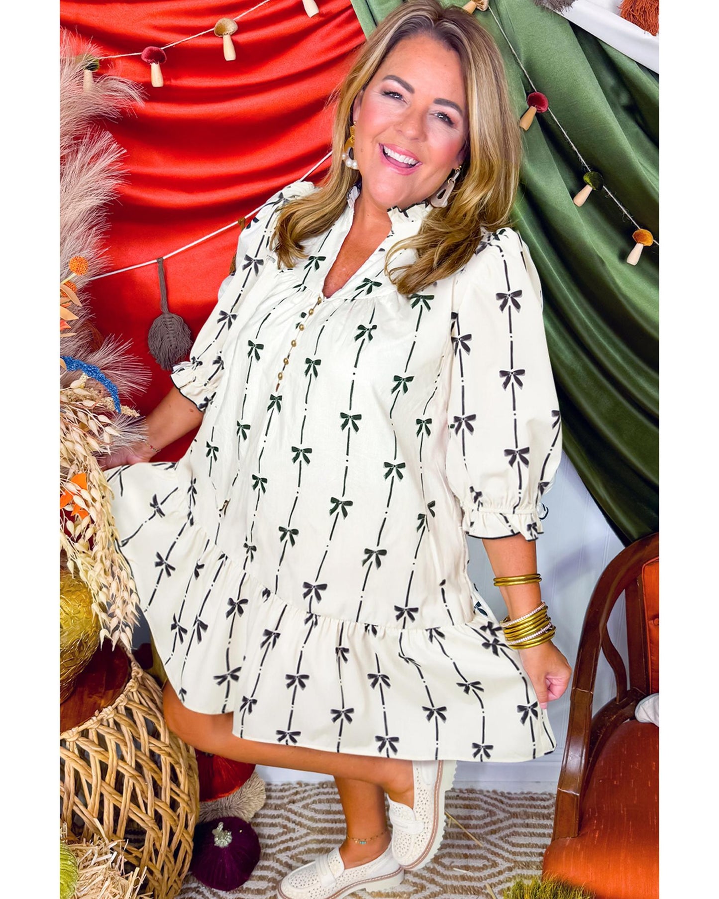 PLUS SIZE Apricot Bow Printed Puff Sleeve Ruffled Mini Dress