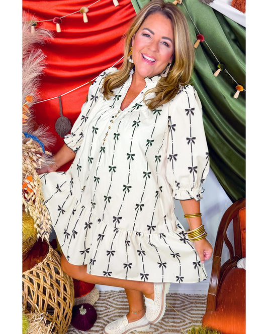 PLUS SIZE Apricot Bow Printed Puff Sleeve Ruffled Mini Dress