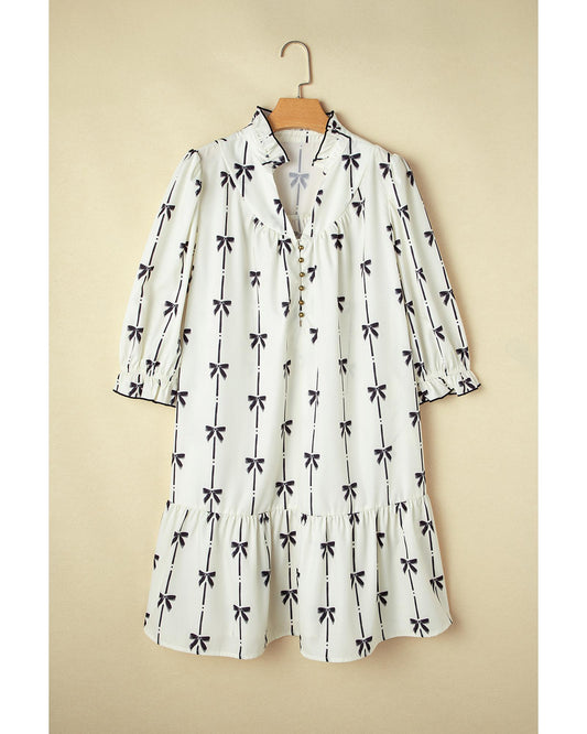 PLUS SIZE Apricot Bow Printed Puff Sleeve Ruffled Mini Dress