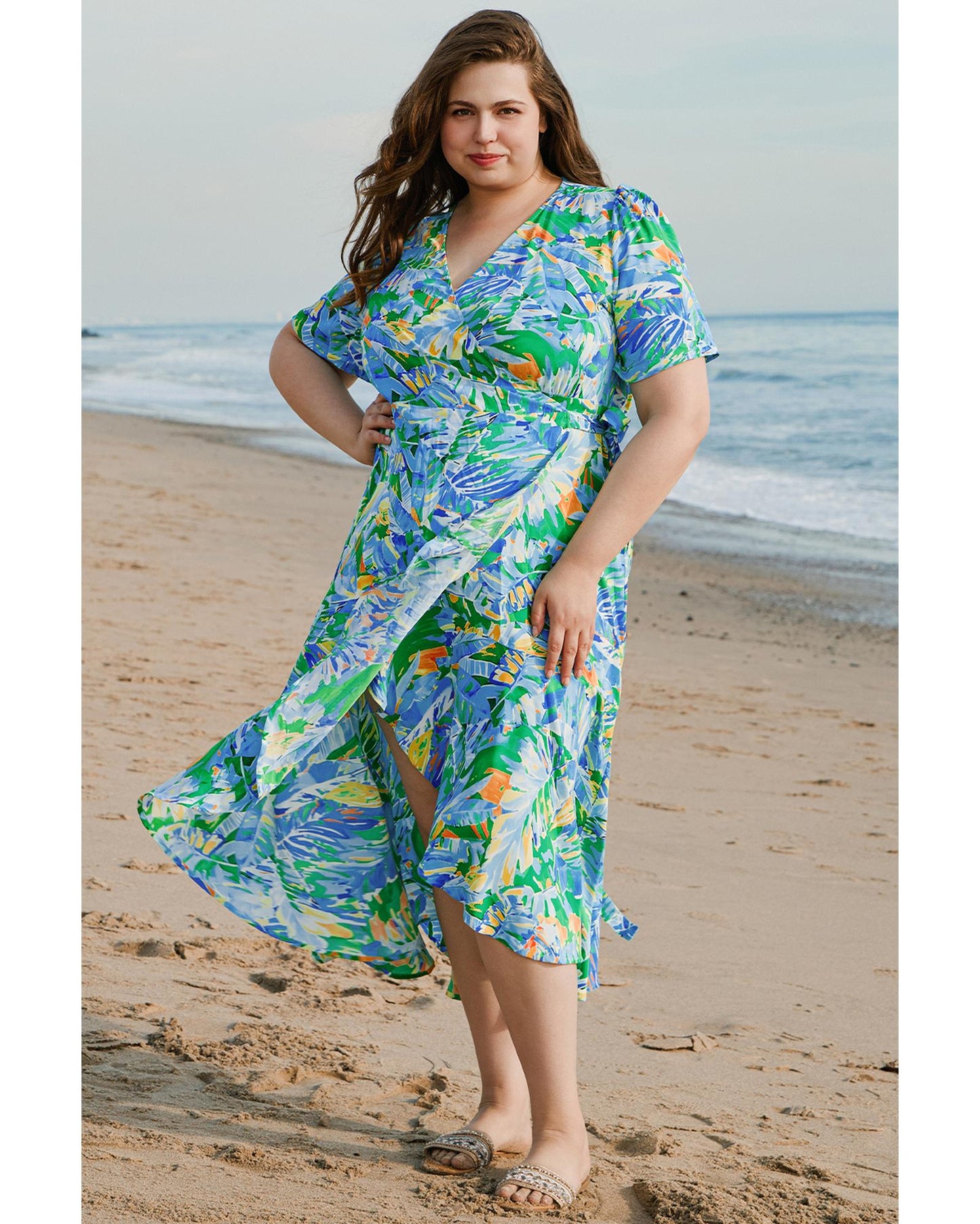 PLUS SIZE Green Leaves Print Ruffled Trim Maxi Dress