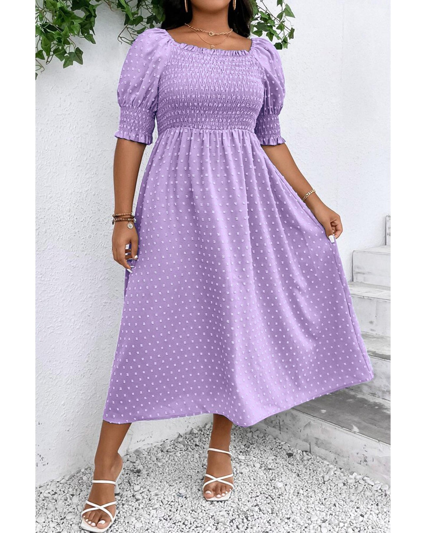 Wisteria Swiss Dot Smocked Frilled Neckline Short Sleeve Plus Size Dress - 1X