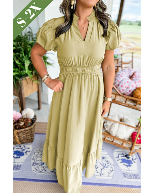 PLUS SIZE Notched V Neck Puff Sleeve Tiered Maxi Dress