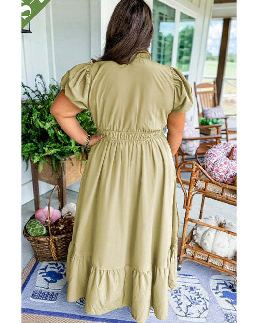PLUS SIZE Notched V Neck Puff Sleeve Tiered Maxi Dress