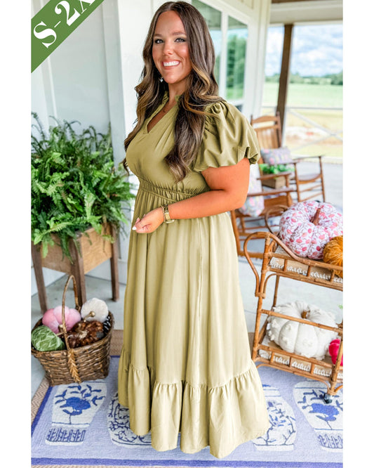 PLUS SIZE Notched V Neck Puff Sleeve Tiered Maxi Dress