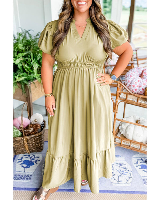 PLUS SIZE Notched V Neck Puff Sleeve Tiered Maxi Dress